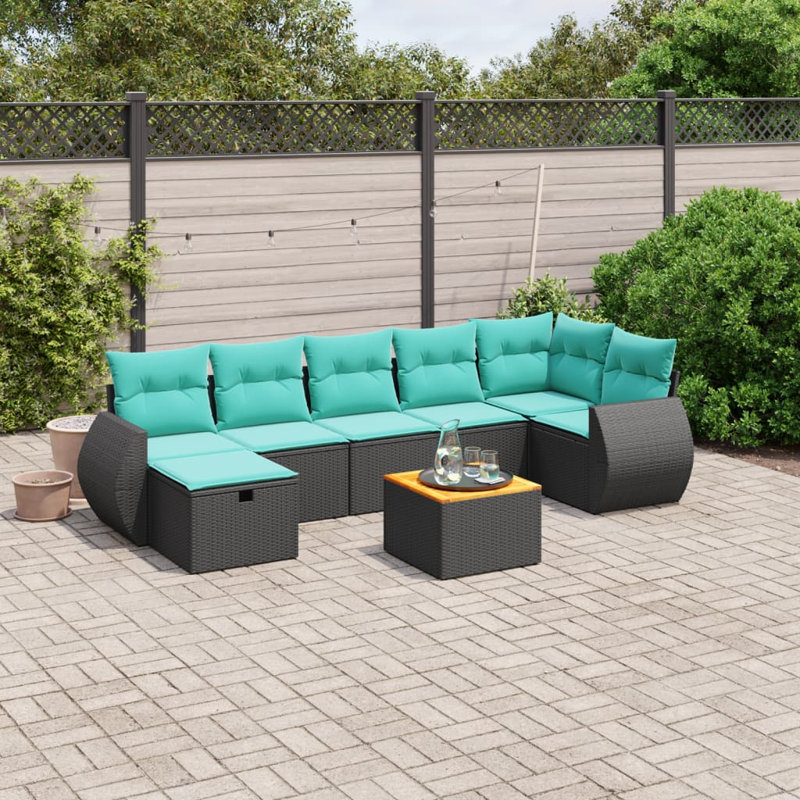 Ensemble de canapé de patio 8 pièces avec coussins en rotin de polyester, Bleu clair, Noir