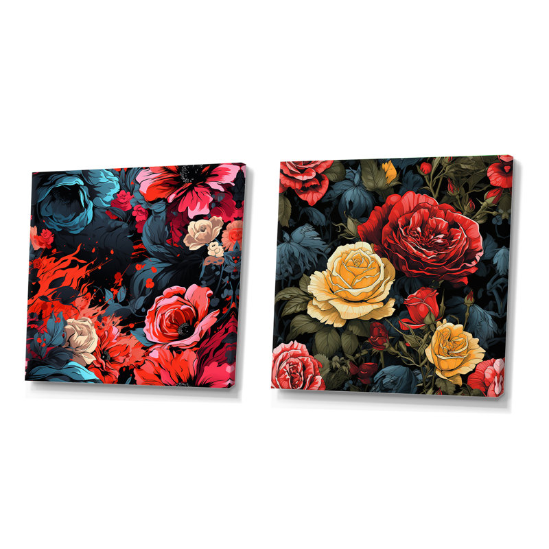 Sylvere - Ensemble de 2 collages floraux carrés, H 16 po x l 33 po, Toile tendue
