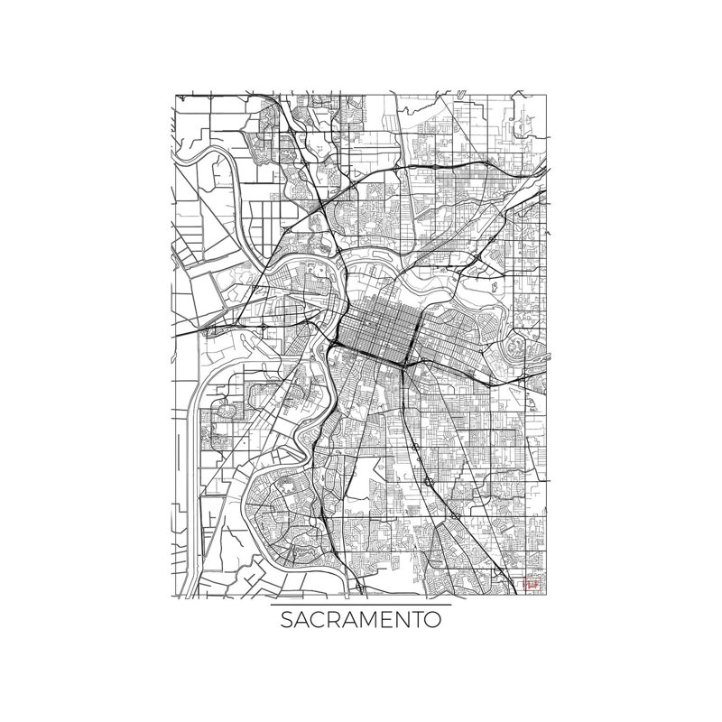 Sacramento Minimal Urban Blueprint Map 1 Piece Wrapped Canvas Wall Art, 30.48 cm H x 45.72 cm W