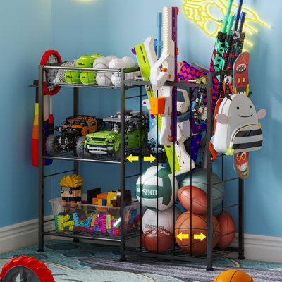 Organisateur de matériel de sport, support de rangement pour balles avec sangles élastiques et panier amovible pour l'organisation du garage, organisateur de garage avec crochets pour le rangement des jouets, noir