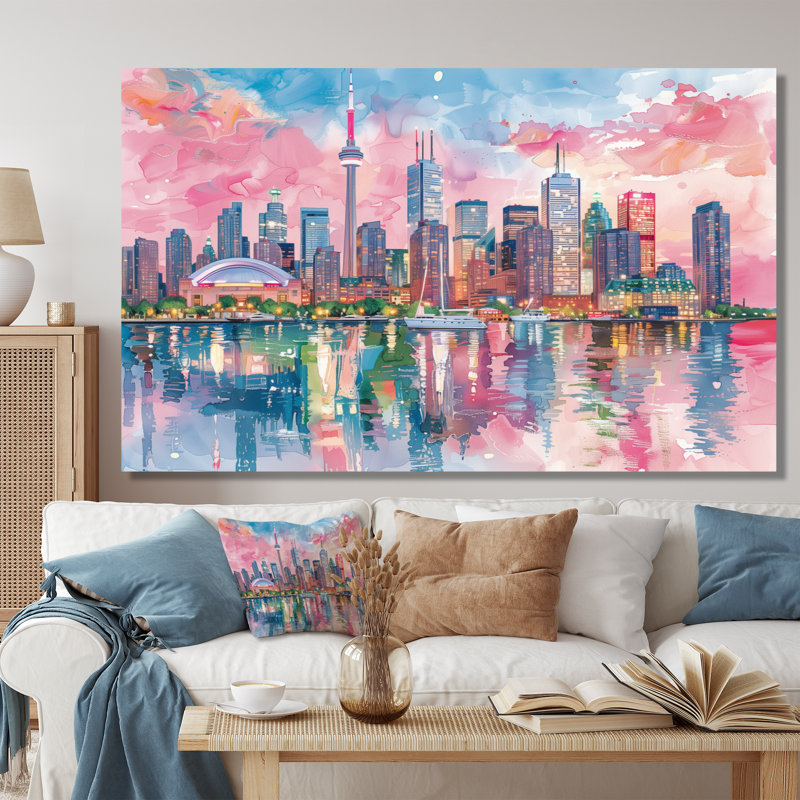 «Pink Toronto Cityscape View I - City Toronto», art mural, Toile tendue, H 34 po x l 44 po