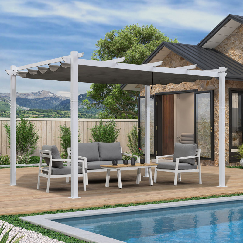 Pergola rétractable d'extérieur 10 pi x 12 pi mauve avec abat-jour pare-soleil en métal pour abri de jardin pour la véranda
