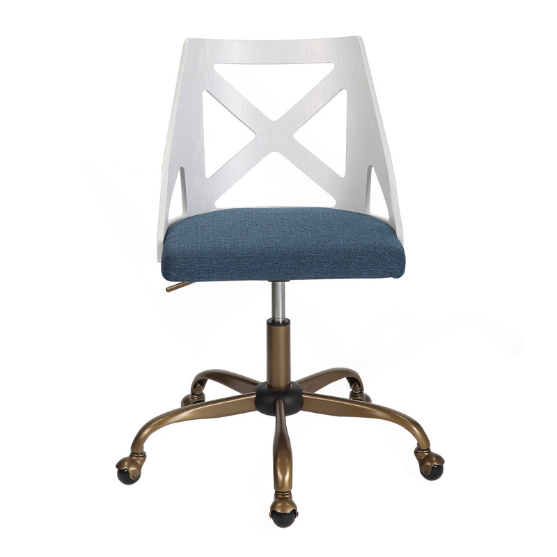 Chaise de travail Charlotte en métal cuivré antique, bois texturé blanc et tissu bleu par Lumisource