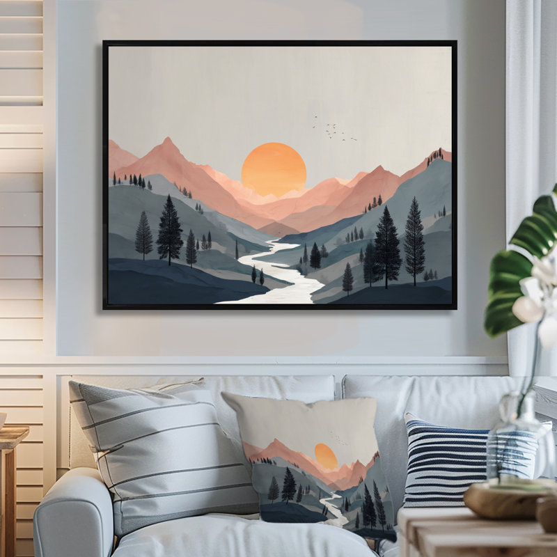 Été coucher de soleil dans les montagnes - art mural côtier, impression sur toile jaune, H 34 po x l 44 po, Cadre flottant