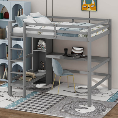 Lit mezzanine double avec bureau intégré sous le lit et tablettes multifonctionnelles