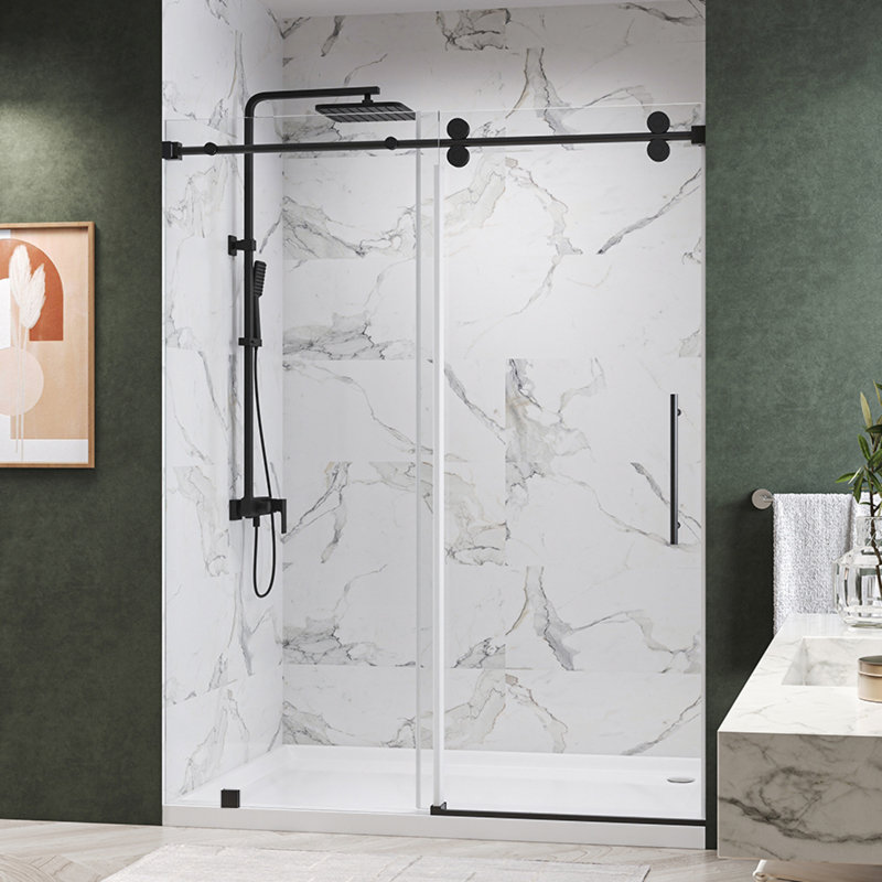 KW04 68 - 72 In. W X 76 In. H Single Sliding Frameless Shower Door With 3/8 In. Clear Glass, Matte Black