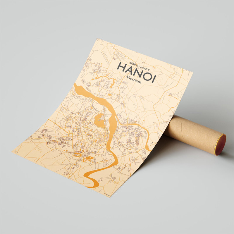 Hanoi, carte de la ville, impression, H 17 po x l 11 po, Orange / or pâle