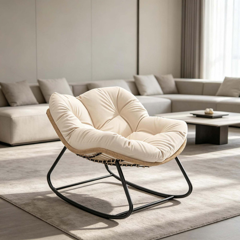 Fauteuil à bascule surdimensionné pour l'intérieur et l'extérieur avec coussin, Polyester blanc crème