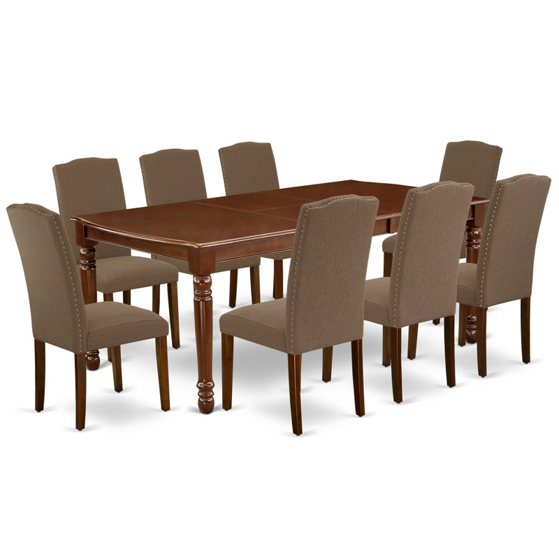 Cet ensemble de salle à manger 9 pièces comprend une table de salle à manger rectangulaire avec feuille papillon et 8 chaises rembourrées en tissu de café café foncé, acajou