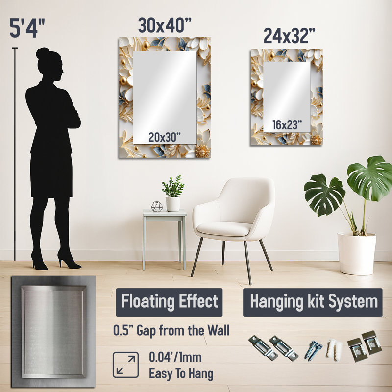 Kennedee Golden White and Blue Flowers Elegance - grand miroir mural en marbre, miroir unique moderne, impression d'art en métal