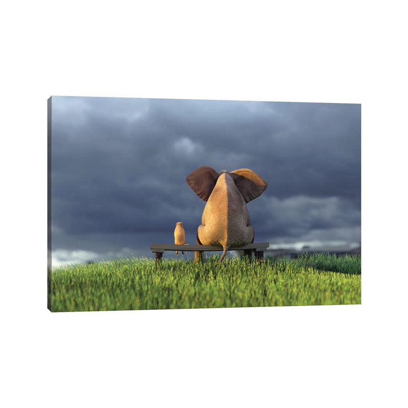 Elephant And Dog Sit On Green Grass Field by Mike Kiev - Print on Canvas, Wrapped Canvas