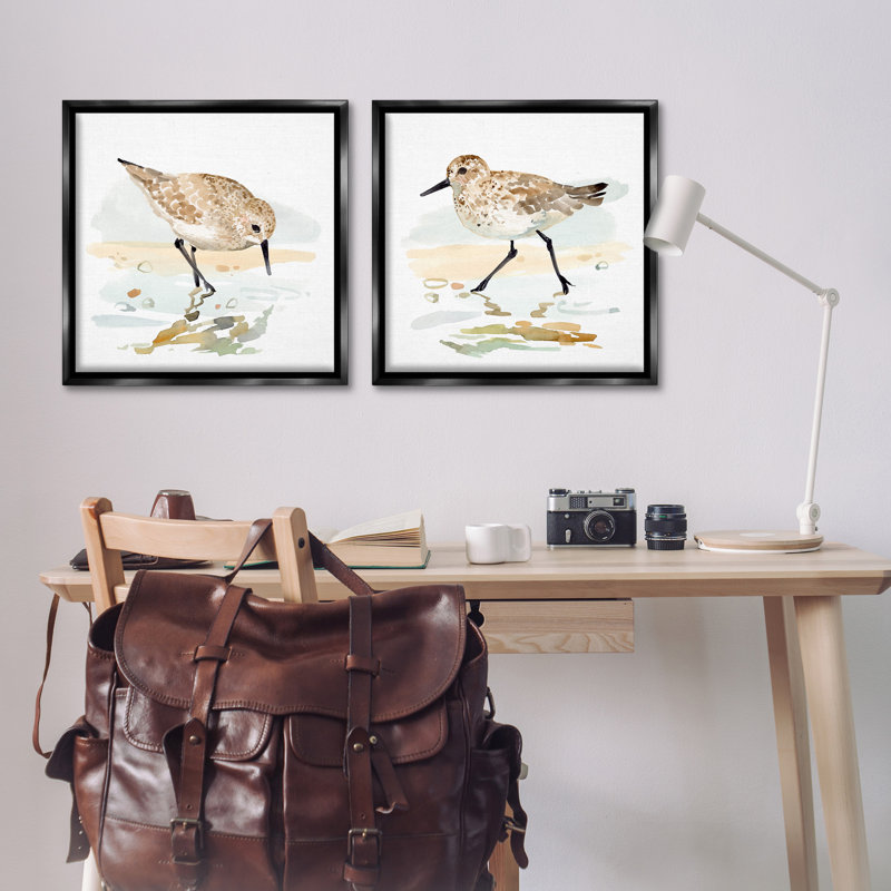 «Sea Birds on Shore», ensemble de 2 toiles flottantes encadrées par Victoria Barnes, Cadre flottant noir de jais