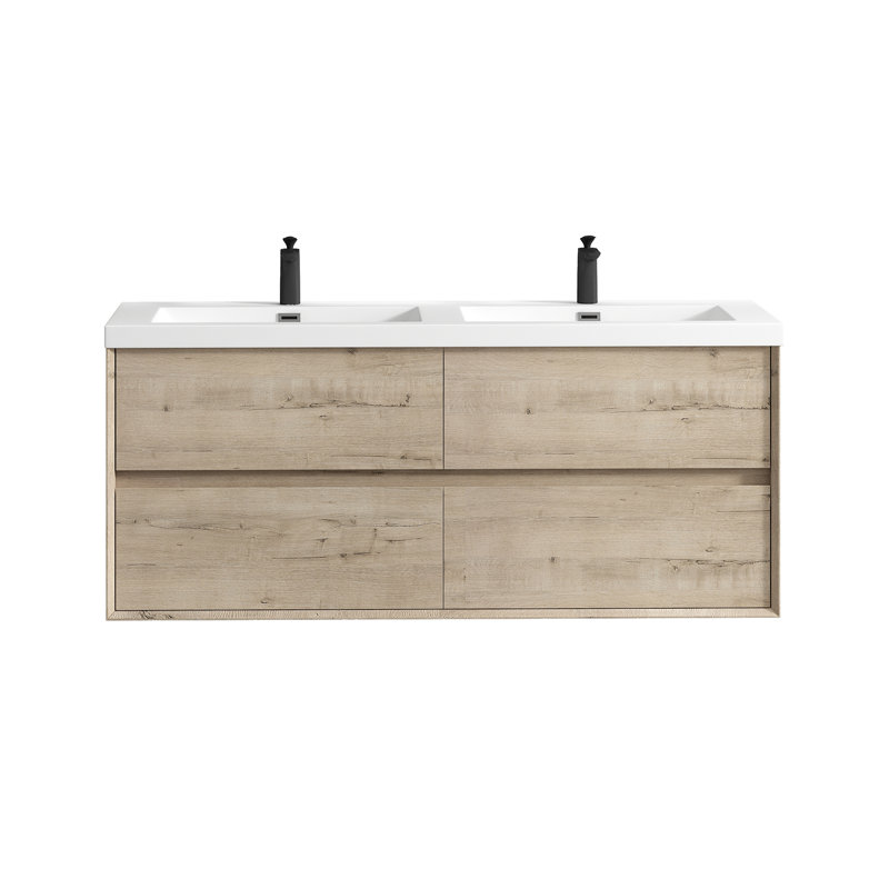 Ensemble de meuble-lavabo double mural 60 po Seavy, Chêne blanc clair