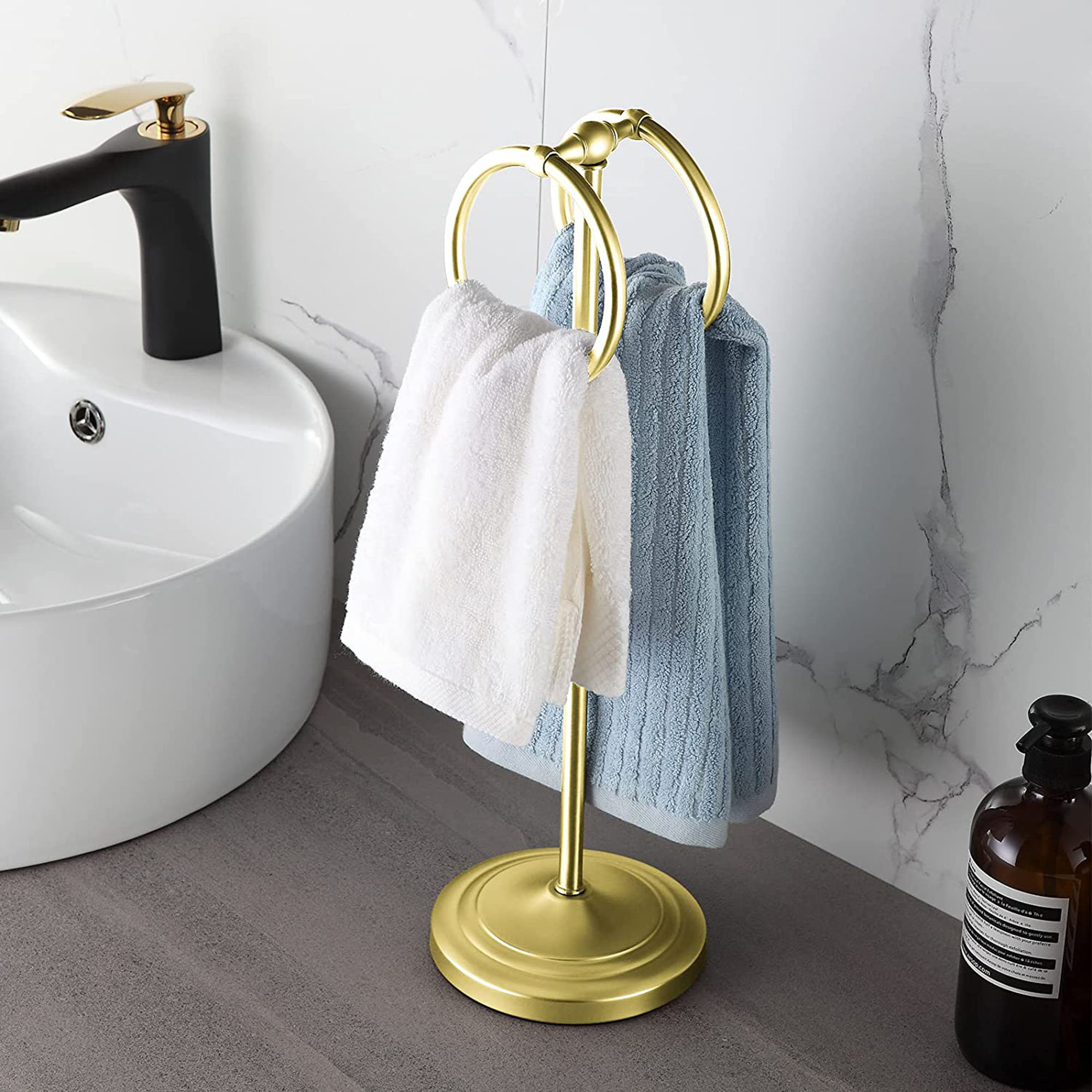 QIANXING Hand Towel Holder Stand with Marble Base, Double T-Shape