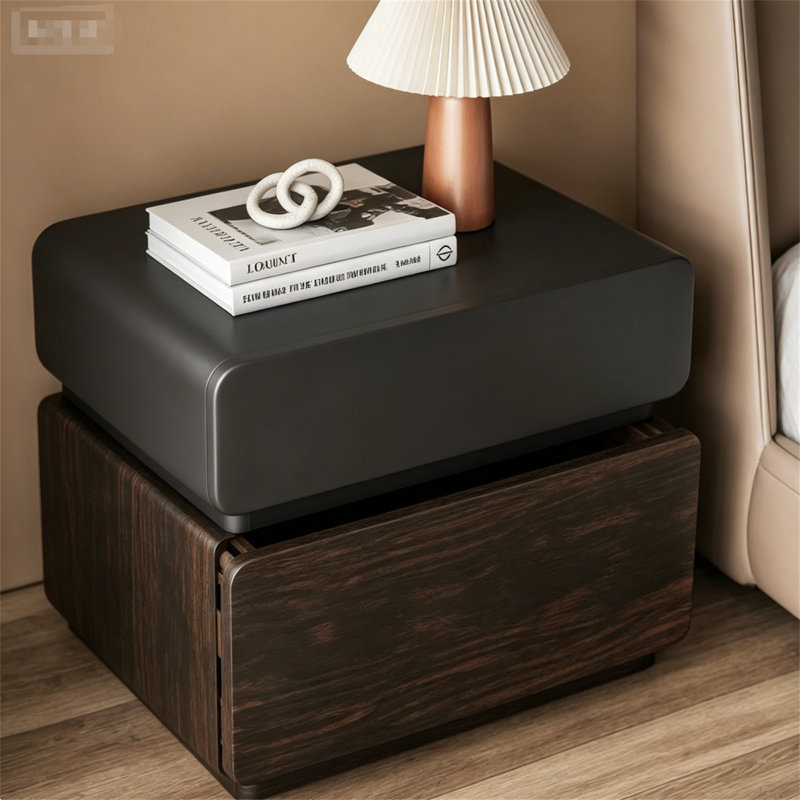 Table de chevet moderne et minimaliste en bois massif, table de chevet 2 tiroirs 19,7 po, noir mat et noyer texturé entièrement assemblé