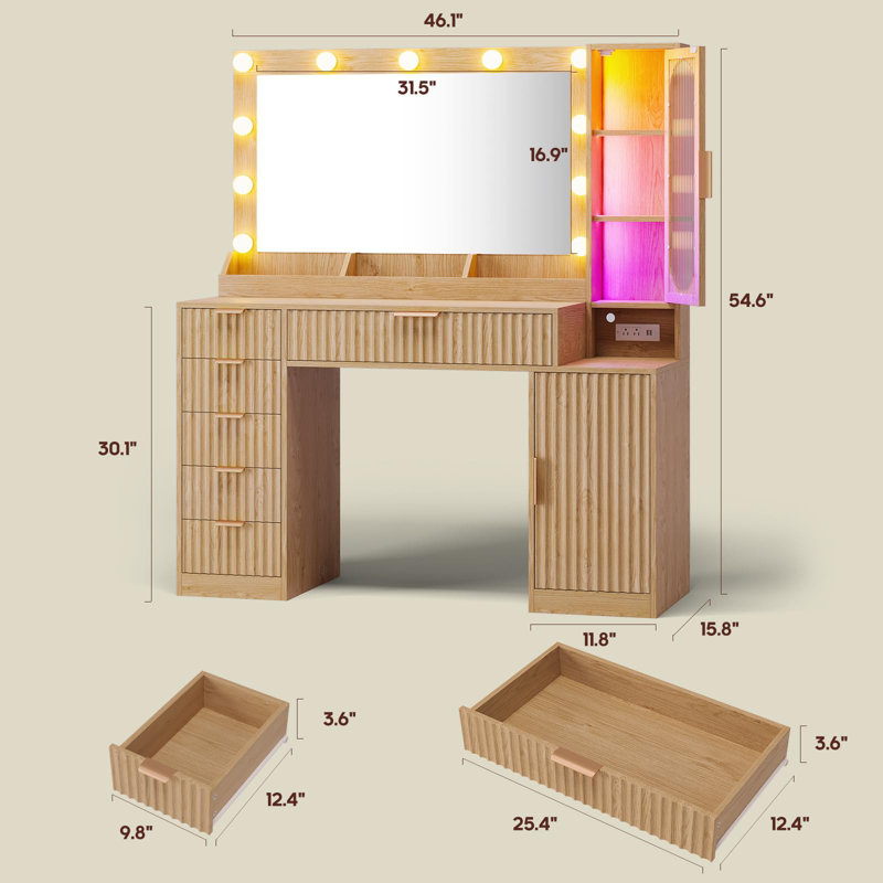 Fluted Makeup Vanity Desk With Large Mirror And Lights, Wood Vanity With Charging Station, 6 Drawers And Cabinet, Brown