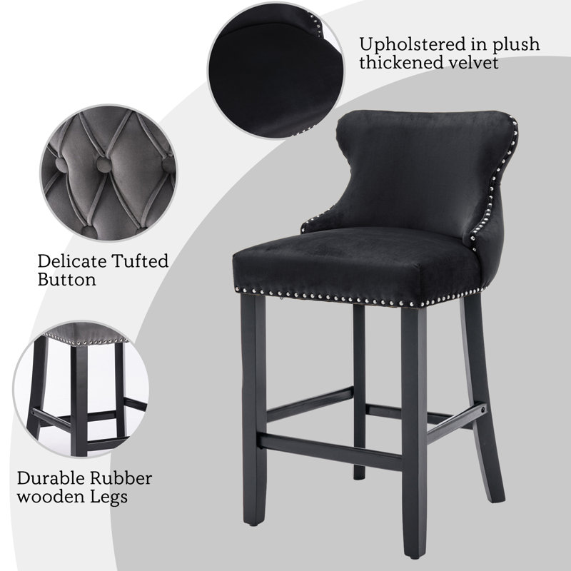 Alaster Upholstered Counter Stool with Solid Wood Frame, Black