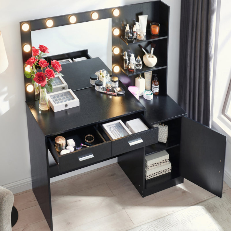Bureau de coiffeuse avec miroir et lumières, coiffeuse 46,4 po avec 2 grands tiroirs et grand organisateur vertical, commode à 3 niveaux et 3 modes d'éclairage à luminosité réglable, convient à la chambre à coucher