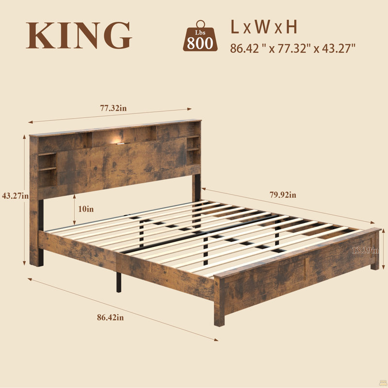 Structure de lit grand en bois avec tête de lit avec rangement