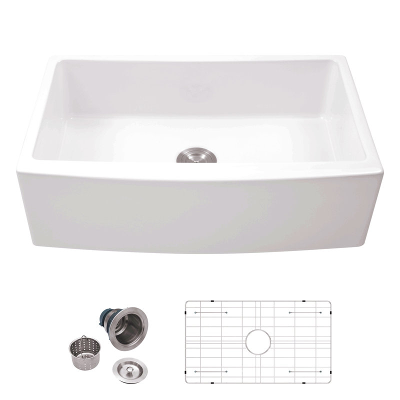 White Farmhouse Sink - 33 Inch White Kitchen Sink Ceramic Arch Edge Apron Front Single Bowl Farm Kitchen Sinks