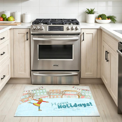 White Machine Washable,Girl Ice Skating of Winter City Art Indoor Area Rug