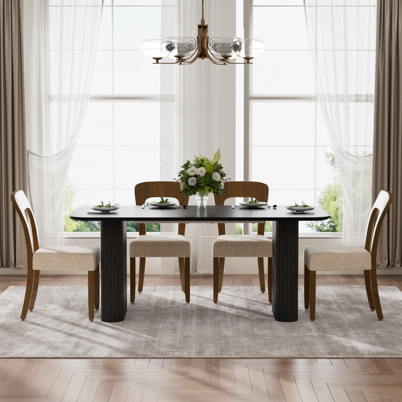 Ensemble de salle à manger rectangulaire à double piédestal avec chaise en chenille, Marron foncé, Noir