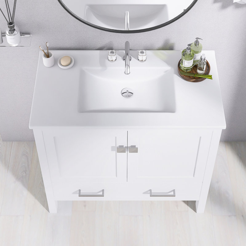 36 pouces Meuble-lavabo blanc avec lavabo en céramique | Double tablettes de rangement et tiroir divisé | Portes à fermeture en douceur | Armoire de salle de bain avec rangement spacieux | Cadre en bois massif
