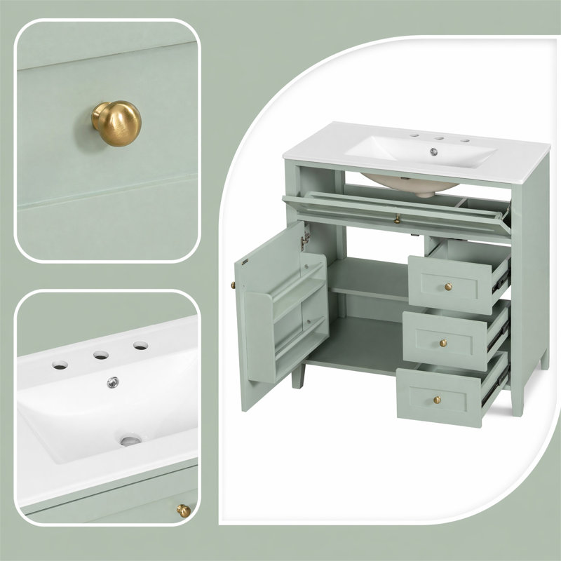 Meuble-lavabo autoportant 36 po avec lavabo 36 po, vert clair, 3 tiroirs, tablette réglable, capacité de 100 lb, robinet non inclus