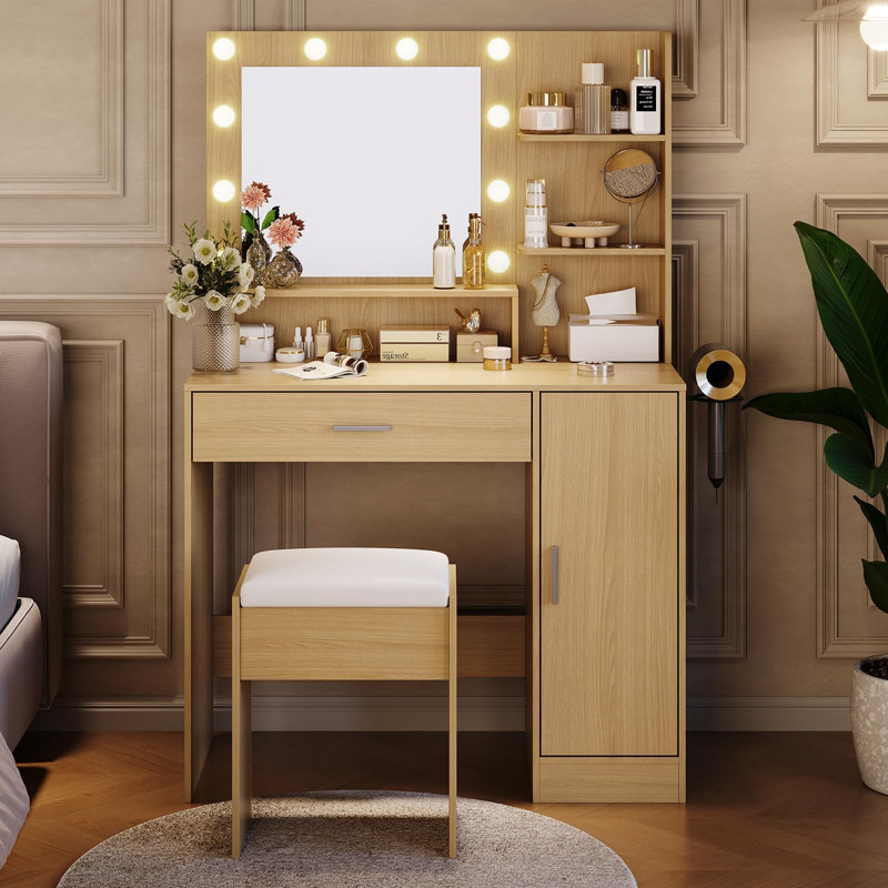 Bureau de coiffeuse avec miroir et ampoules à DEL, coiffeuse à maquillage moderne avec prise de courant, étagère de rangement, support pour séchoir à cheveux et tabouret rembourré, 3 modes d'éclairage réglables, ensemble de coiffeuse pour la chambre à coucher