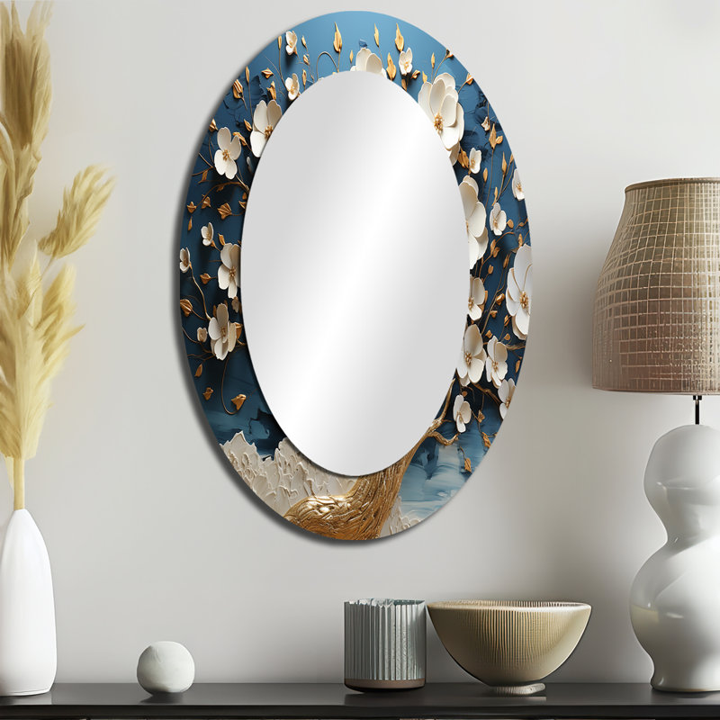 Orchidée bleue et blanche Golden Of Branches II - miroir mural ovale traditionnel doré, 36 po x 24 po