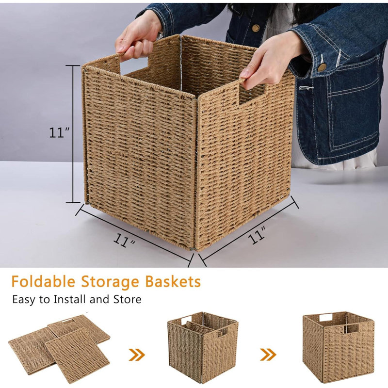 Storage Basket, Set Of 2 Hand-Woven Basket, 11 Inch Storage Baskets For Organizing And Decor, Foldable Cube Storage Organizer Bins Baskets For Shelves, Woven Basket, Natural