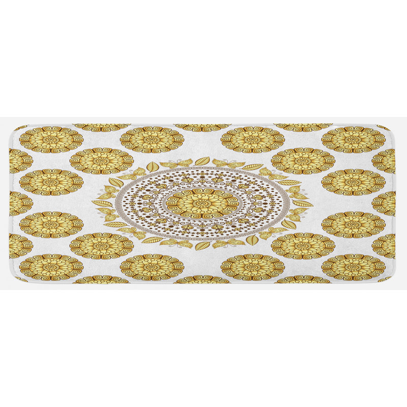 Tapis de cuisine brun crème jaune mandala à motif papillons avec feuilles circle