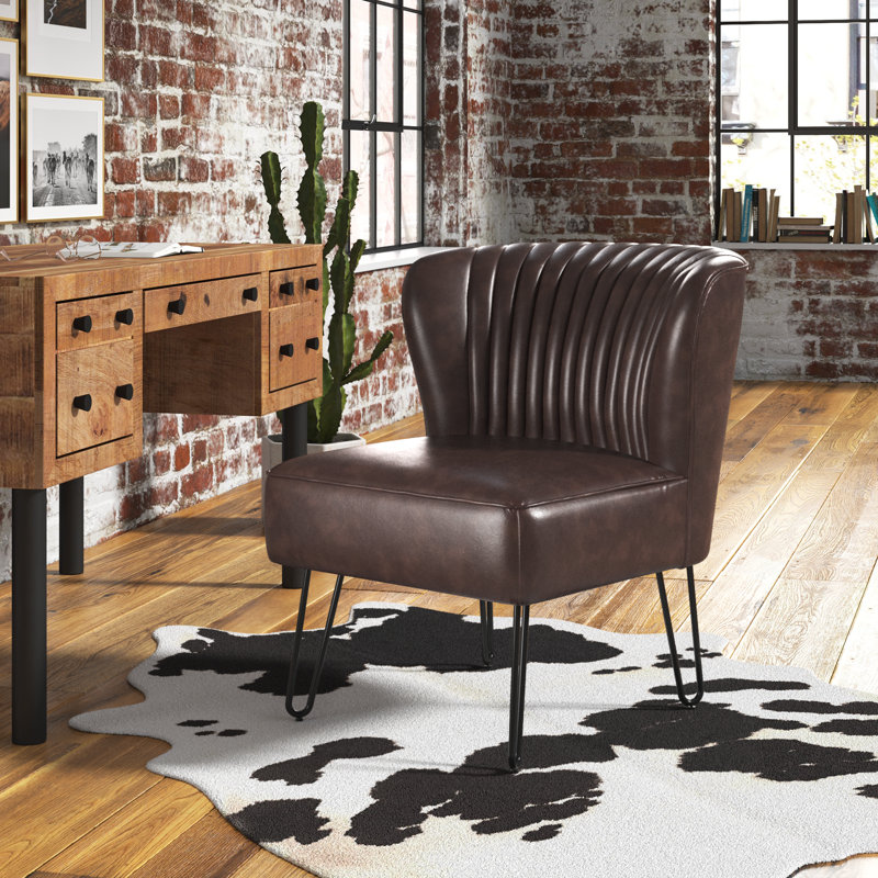Euclid Faux Leather Chair With Metal Base, Brown Pebbled Faux Leather