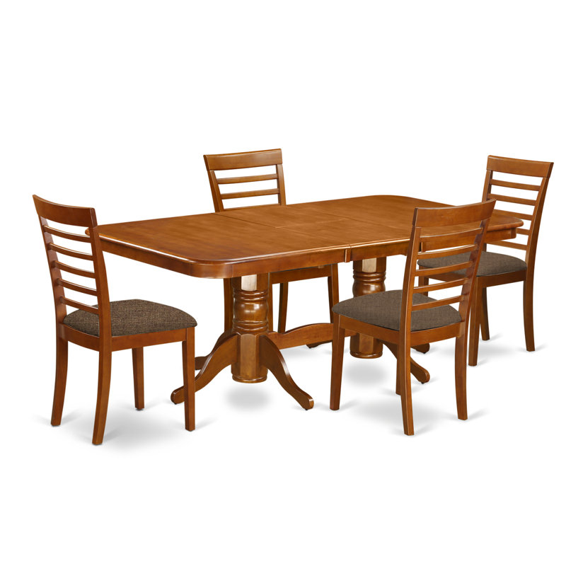 5 Piece Set Includes a Rectangle Kitchen Table with Butterfly Leaf and 4 Linen Fabric Upholstered Dining Chairs, Saddle Brown