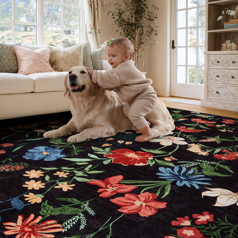 Area Rug for Living Room, Floral Washable Rugs, Low Pile, Soft Non-slip Vintage Carpet for Bedroom, Kitchen, Dining Room, Office