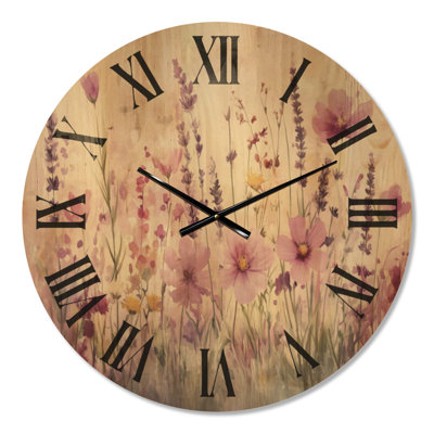 Très grande horloge murale florale silencieuse en bois - Prairie pastel printanière
