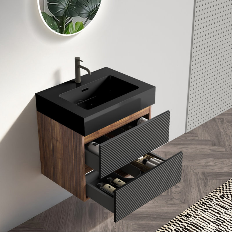 Meuble-lavabo de style moderne du milieu du siècle, 61 cm (24 po), avec vasque monobloc, bonde en forme de U, système d'évacuation silencieux, panneaux de qualité E1, panneau à grille noire résistant à 50 000 cycles d'ouverture/fermeture, deux tiroirs, revêtement à base d'eau E0