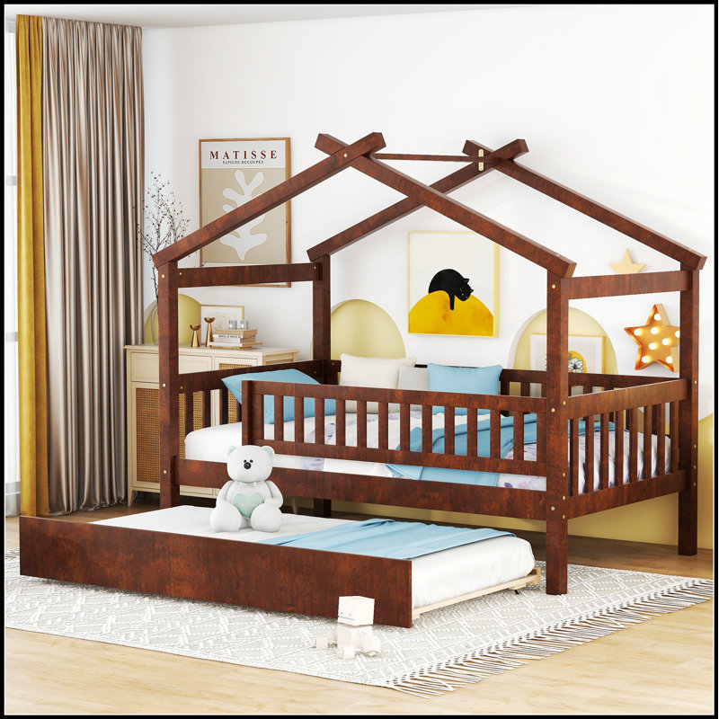 Lit en bois avec lit gigogne en bois, élégant et fonctionnel pour un sommeil confortable et un espace de rangement supplémentaire.