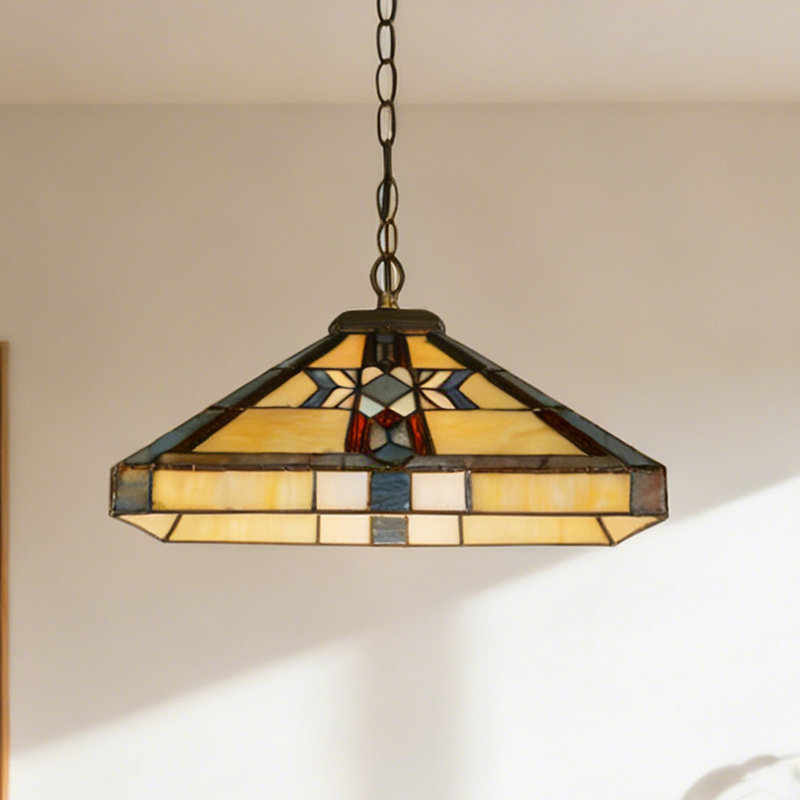 Stained Glass Pendant Light, Mission Style Geometric Pattern Ceiling Light