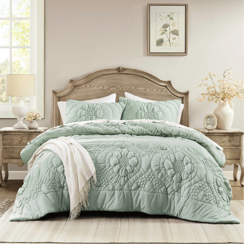 Édredon simple en sauge, avec un motif floral romantique, une douceur gonflée, un tissu respirant, - standard 100 et toutes saisons sauge 2 pièces, motif, texture, tricot, sécuritaire