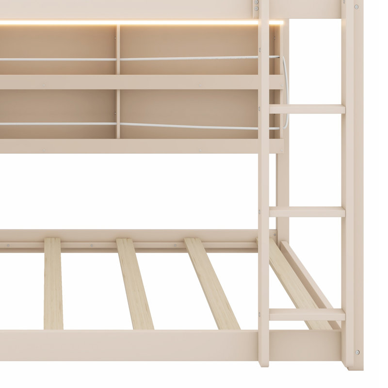 Lit superposé avec tablettes intégrées, lumières et panneau perforé multifonctionnel, Beige