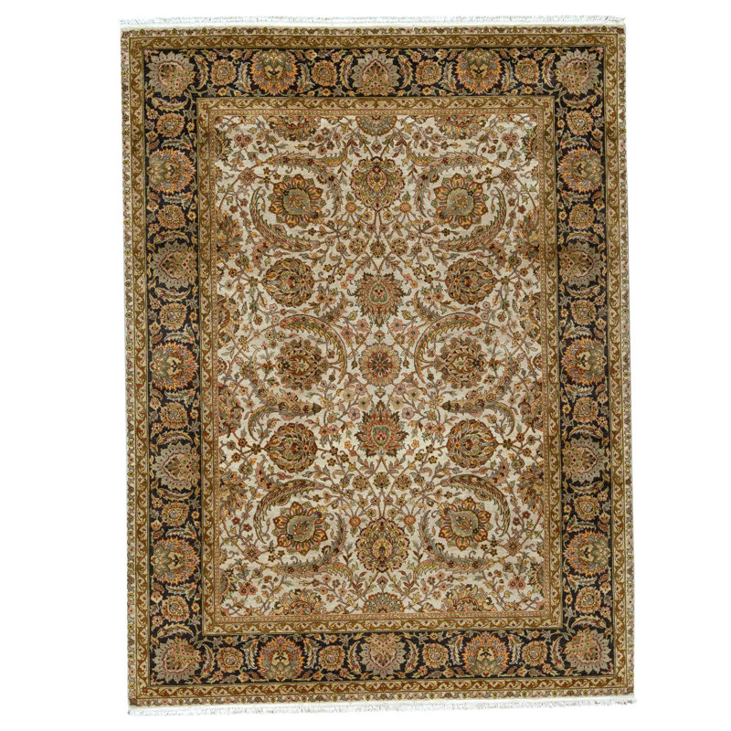 Tapis ivoire et noir noué à la main de haute qualité