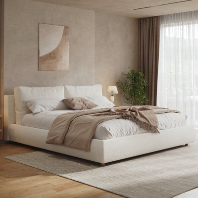 Boucle Fabric Upholstered Platform Bed with Two Removable Pillow Headboard