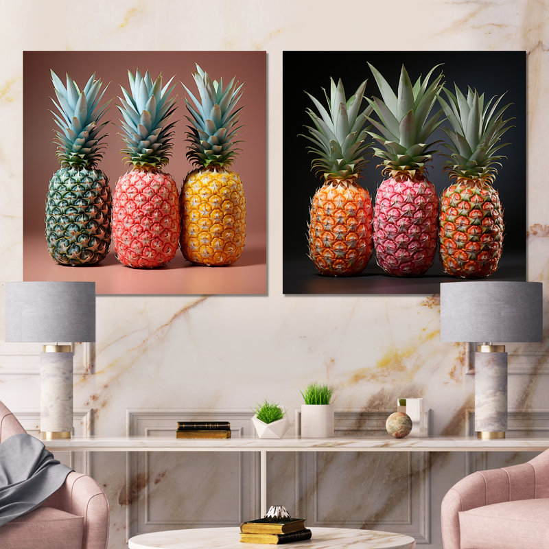 Pastel de couleur ananas Delight I - ananas, impression murale en métal, ensemble carré de 2, H 16 po x l 32 po