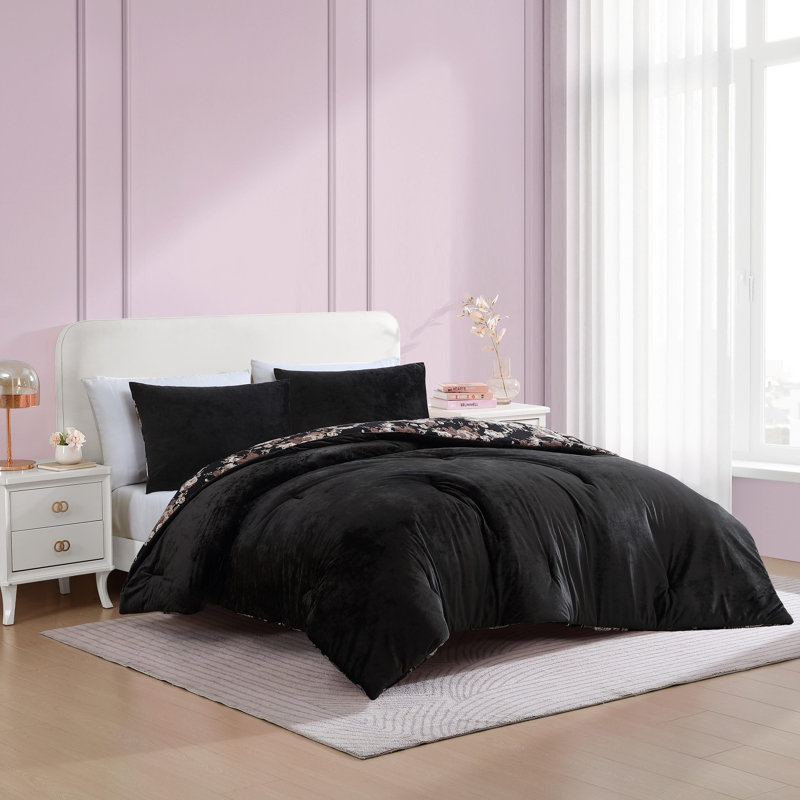Betsey Johnson Solid Reversible Duvet Cover Set, Queen Duvet Cover + 2 Standard Shams, Black