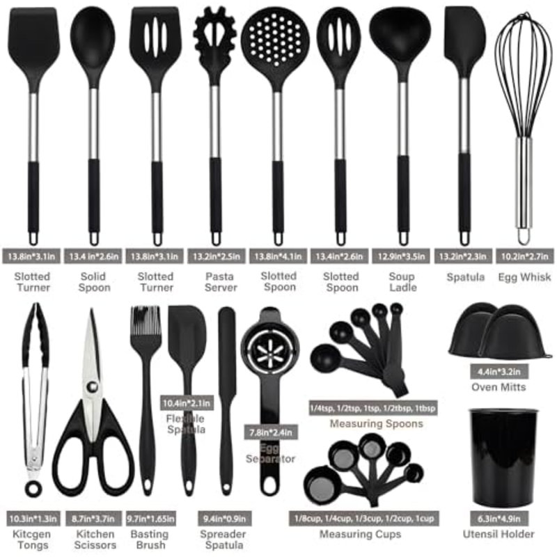 Ensemble d'ustensiles de cuisine en silicone, ensemble de 28 ustensiles de cuisine antiadhésifs avec support, spatule résistante à la chaleur à 446 ° F, pinces, cuillères avec poignées en acier inoxydable (noir)