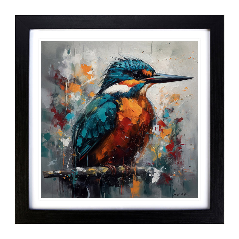 Kingfisher Abstract Expressionism - Single Picture Frame Print on Wood, Black