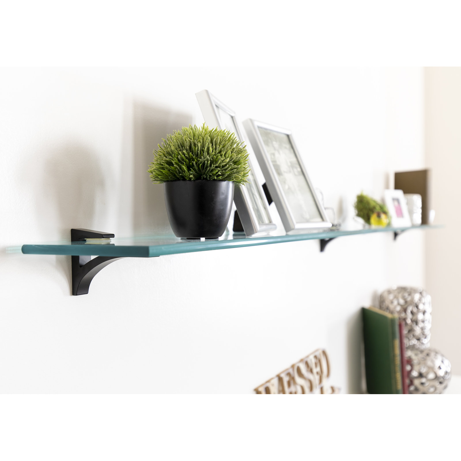 Earlham 72" Rectangular Glass Bracket Shelf, Black