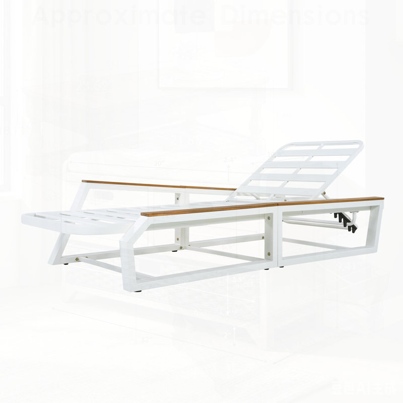 Ensemble de chaises longues réglables pour l'extérieur à 5 positions avec coussin crème et table d'appoint, chaise longue inclinable pour patio avec détails en bois de teck