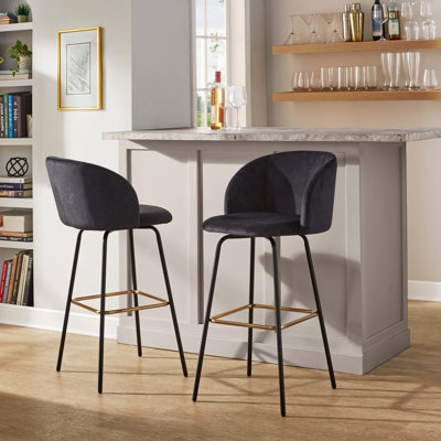 Fixed-Height Barstool With Swivel In Black Metal And Velvet With Square Gold Metal Footrest - Set Of 2